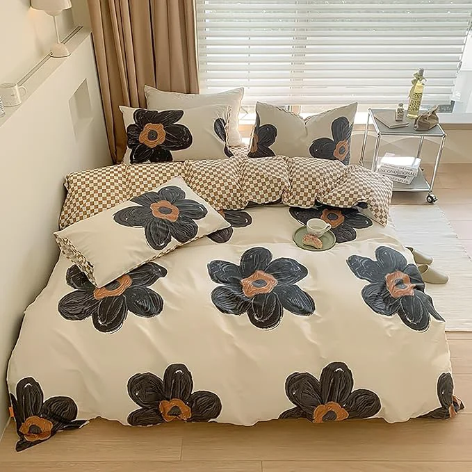 Premium Luxlovery Black Floral Comforter Set King Women Sunflower Black and White Bedding Comforter Set Chic Bohemian Cute Flower Cute Blanket Quilts Girls Boho Bedding Set for King Bed Detailed