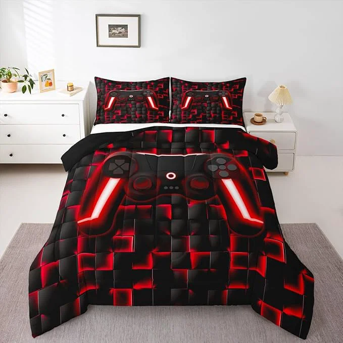 High-Grade Erosebridal Gamer King Bedding Sets for Boys Geometric Gaming Kids Comforter Red and Black Checkered Gamepad Comforter Set for Teen Men Video Game Bed Set Neon Lights Game Controller for Boys Room Optimized