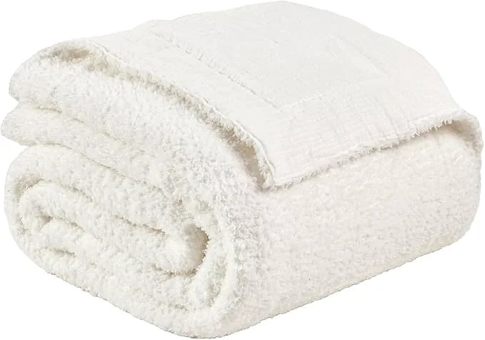 Eco-Friendly EMME Muslin and Fleece Twin Blanket Reversible – 60 quot 80 quot Cream Soft Warm Throw Blankets for Couch Bed Picnic Travel Bed Contemporary