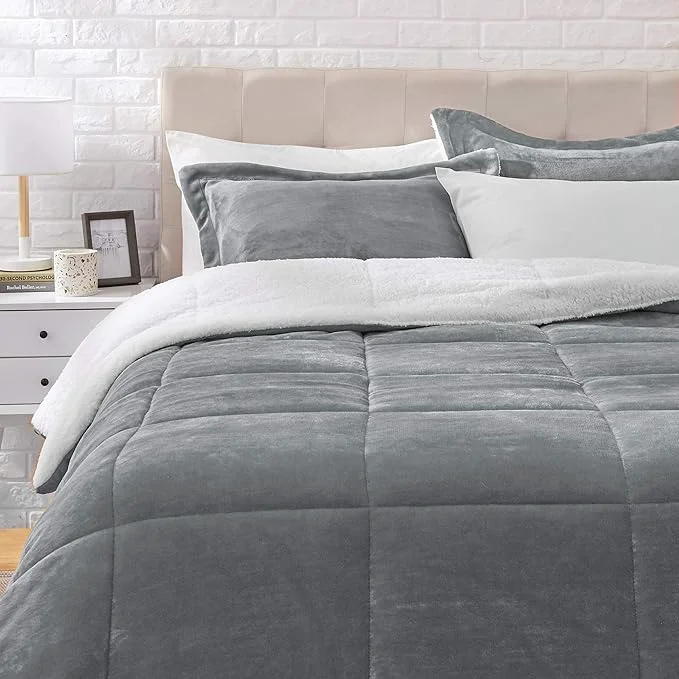 Selected Amazon Basics 3-Piece Down Micromink Sherpa Bedding Set Ultra-Soft Warm All Season Comforter Machine Washable King Charcoal Luxury