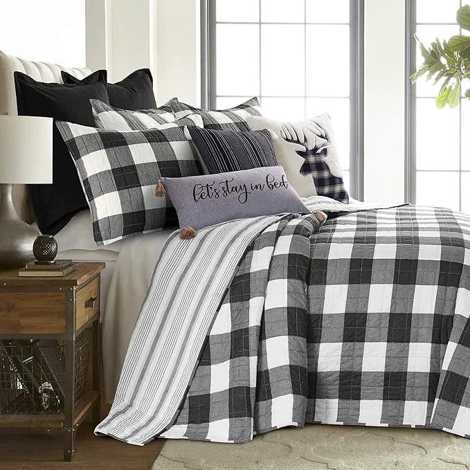 Excellent Levtex Home – Camden Bedspread Set – Full 96 x 110 in. Two Standard Pillow Shams 26 x20 in. – Buffalo Check in Black and Cream – Reversible Pattern – Cotton Fast