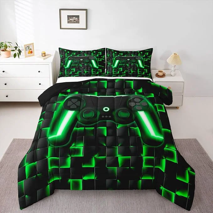 Contemporary Erosebridal Gamer Comforter King Bedding Sets for Boys 3D Geometric Gaming Comforter Set for Kids Girls Men Neon Ombre Checkered Game Console Bed Set Lightweight Quilt Duvet 3 Piece Black Green Authentic