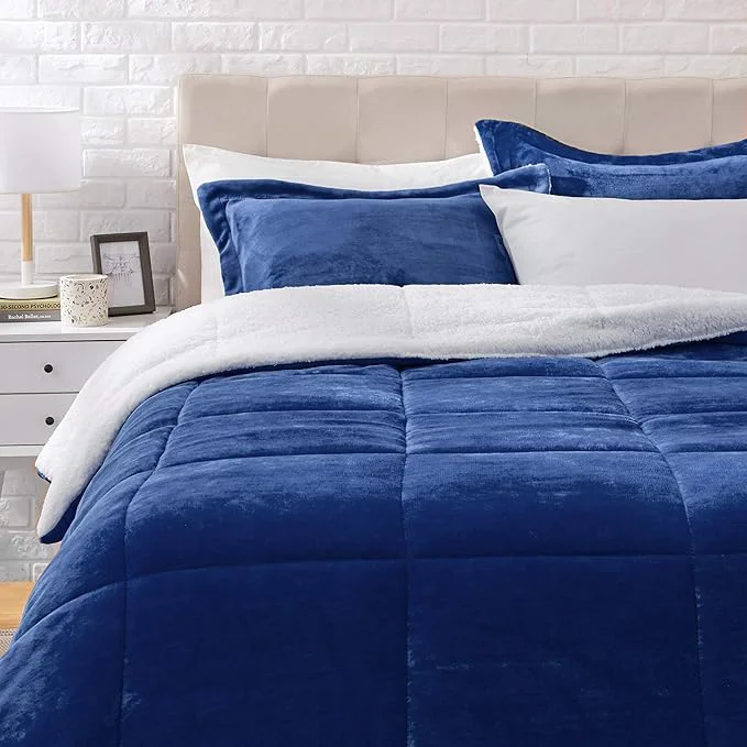 Exclusive Amazon Basics 3-Piece Micromink Sherpa Down Comforter Bedding Set Ultra-Soft Warm All Season King Navy Blue User-Friendly
