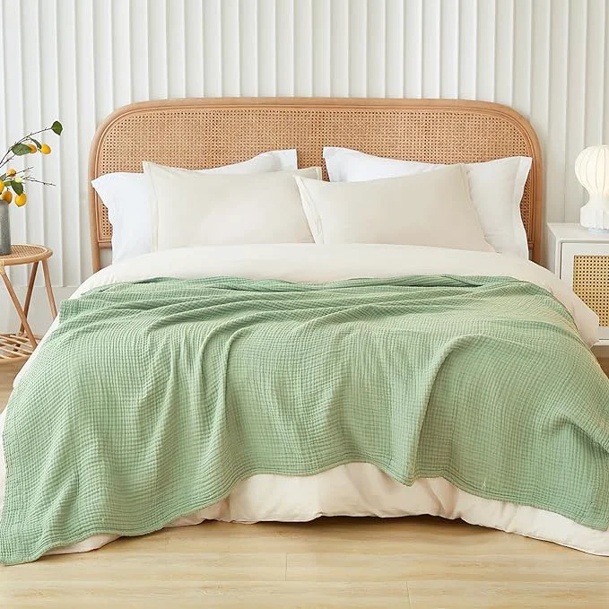 Detailed EMME Cotton Blanket Queen Size for Bed Soft Large Muslin Bed Blankets 90 quot x90 quot Lightweight Breathable Blanket Bedspread All Season Gauze Sage Green Prestigious