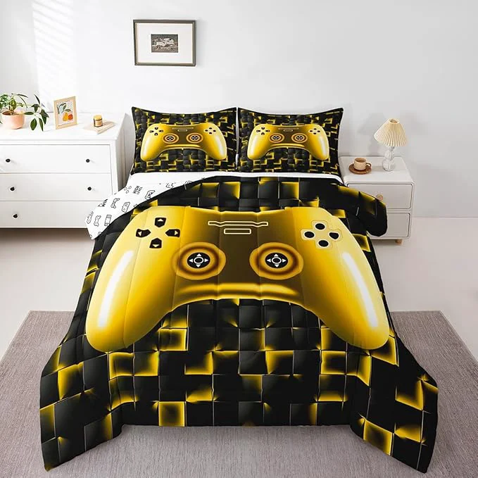 Official Erosebridal Kids Gamer Bedding Sets for Boys Full Gaming Comforter Set Black Gold Geometric Game Console Grids Comforter for Teen Youth Men Video Game Bed Set Soft Lightweight for All Season Excellent