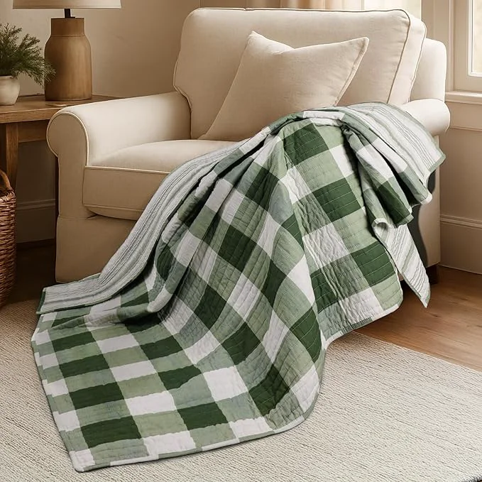 Functional Levtex Home Camden Green Quilted Reversible Throw 50x60in – Buffalo Check – Green – Cotton Throw – Lightweight Soft Pre-Washed Next-Generation