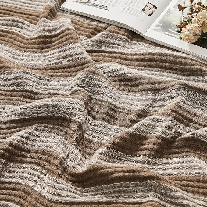 Classic EMME Cotton Muslin Queen Blanket Bed Layering Bedspread Coverlet Breathable Gauze Soft Lightweight Adults Striped Brown 90 quot x90 quot Next-Generation