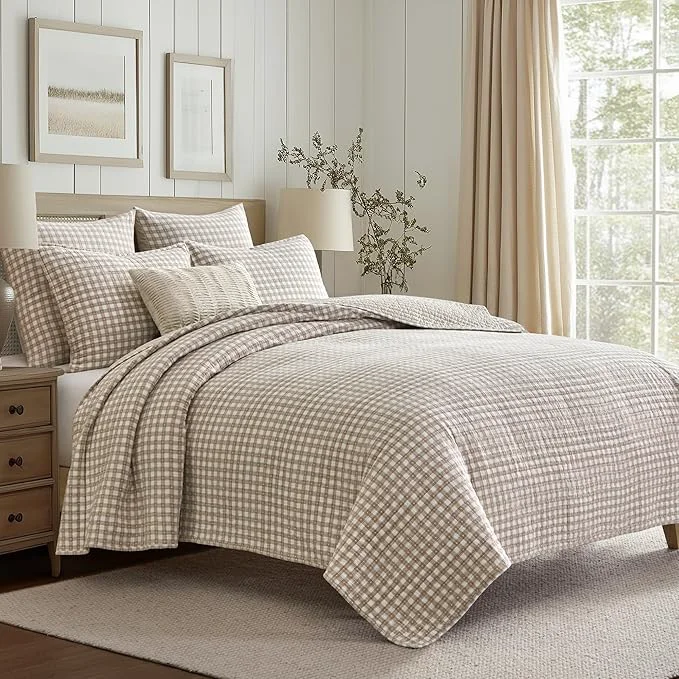 Reusable Levtex Home – Camden Gingham Stitch Taupe Quilt Set – King Quilt 106x92in and 2 King Shams 20x36in – Textured Gingham – Taupe and Cream – Reversible – Cotton Textured Powerful