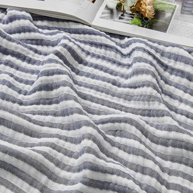 Premium EMME Cotton Muslin King Blanket Bed Layering Bedspread Coverlet Breathable Gauze Soft Lightweight Striped Navy 108 quot x90 quot Original Design