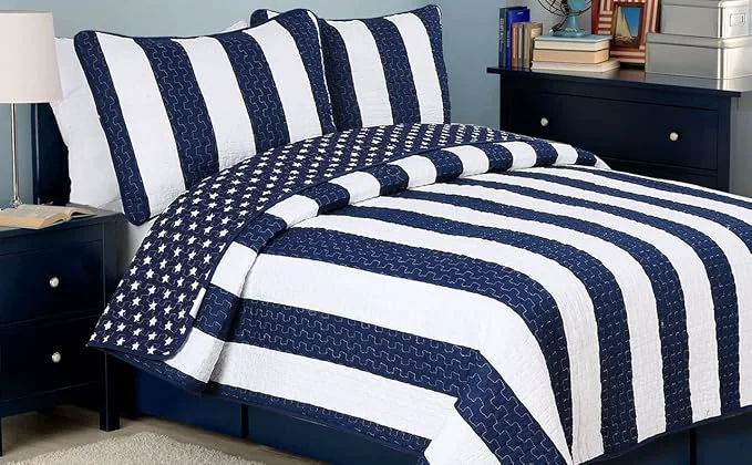 Exceptional Cozy Line Home Fashions Sailor Popeye 39 s Bedding Quilt Set Nautical Navy Blue White Star Striped Cotton Reversible Coverlet Bedspread for Kids Boy Sailor Star Queen – 3 Piece Eco-Friendly