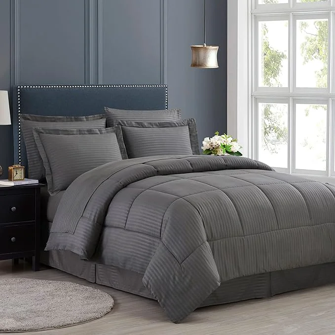 First-Class Sweet Home Collection 6 Piece Bed in a Bag with Dobby Stripe Comforter Sheet Skirt and Sham Set Twin Gray Pack of 4 Prestigious