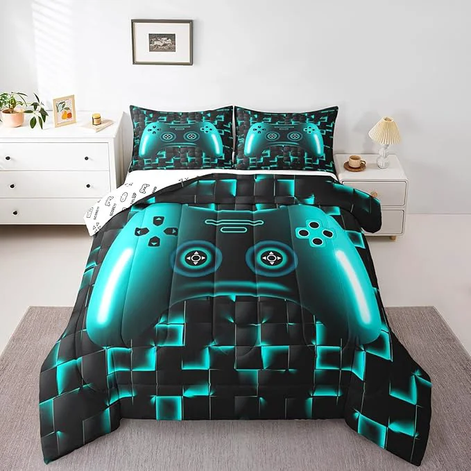 Top-Quality Erosebridal Boys Gaming King Size Bedding Set for Kids Gamer Comforter Sets for Teen Boys Game Controller Bedroom Decor Neon Teal Glowing Geometric Grid Bedding Black Abstract Check Square Comforter High-End