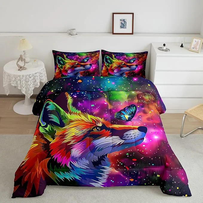 Efficient Fox Print Bedding Set Twin Cartoon Fox Butterfly Comforter Set for Kid Girl Boys 3D Animal Theme Colorful Galaxy Painting Quilt Duvet Starry Sky Down Comforter Home Room Decor with 1 Pillowcase Green