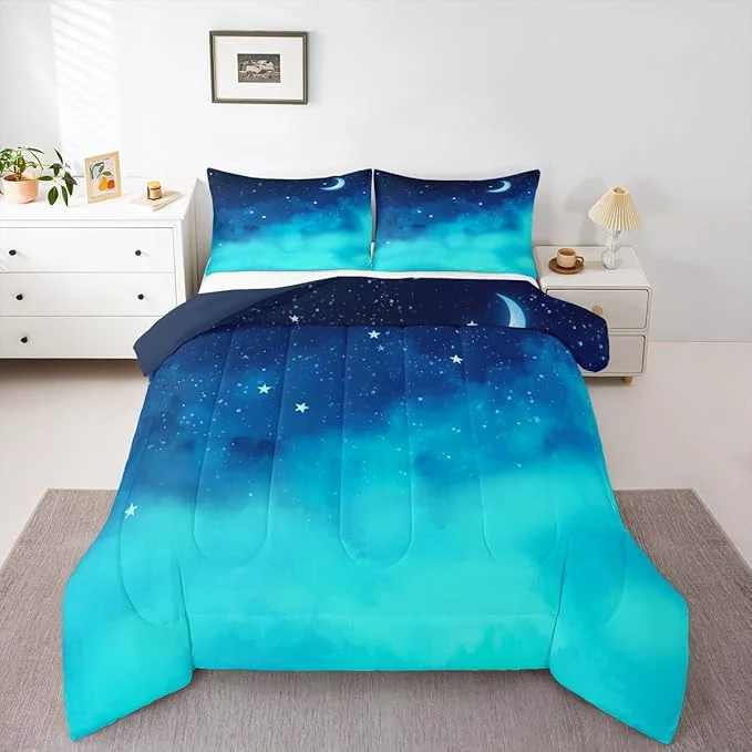 Fast Galaxy Comforter Set Full 3 Piece Star Moon Bedding Set for Toddler Kawaii Aesthetic Bed Set Star Space Down Comforter Soft Reversible Starry Sky Duvet Insert with 2 Pillow Shams Navy Blue Gradient Elegant