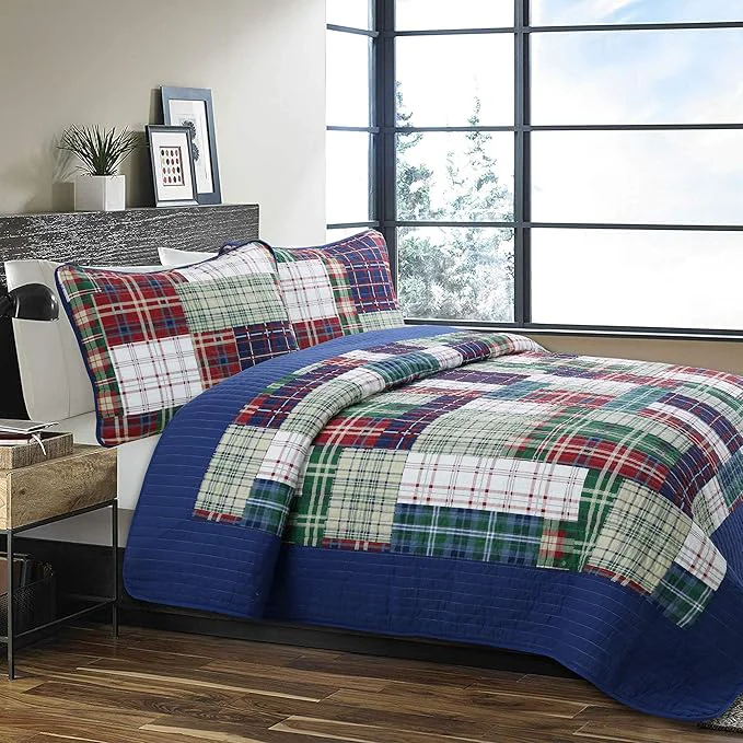 Functional Cozy Line Home Fashions Nate Patchwork Quilt Set Green Red Navy White Cotton Reversible Coverlet Bedspread for Boy Nate Patchwork Twin – 2 Piece Detailed
