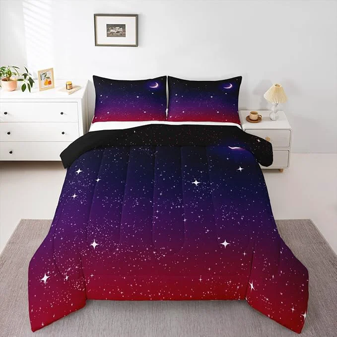 Elite Purple Galaxy Comforter Twin Size Moon Star Comforter Set Night Starry Sky Bedding Sets Reversible Space Nebula Cosmos Aesthetic Down Comforter for Kids Adults With 1 Comforter and 1 Pillow Case Unique