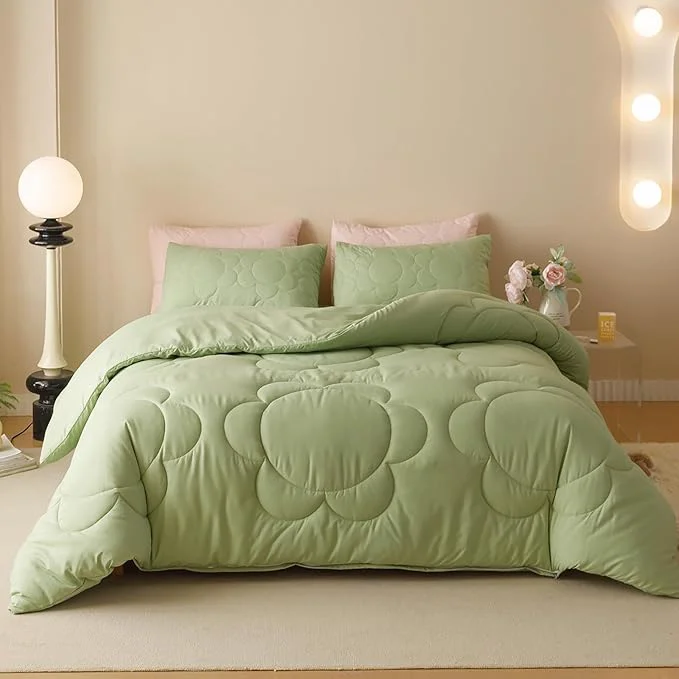 Outstanding Luxlovery Sage Comforter Set Queen Sunflower Light Green Bedding Comforter Set Queen Size Boho Botanical Big Flowers Quilts Farmhouse Grass Green Comforter for Women Men Effective