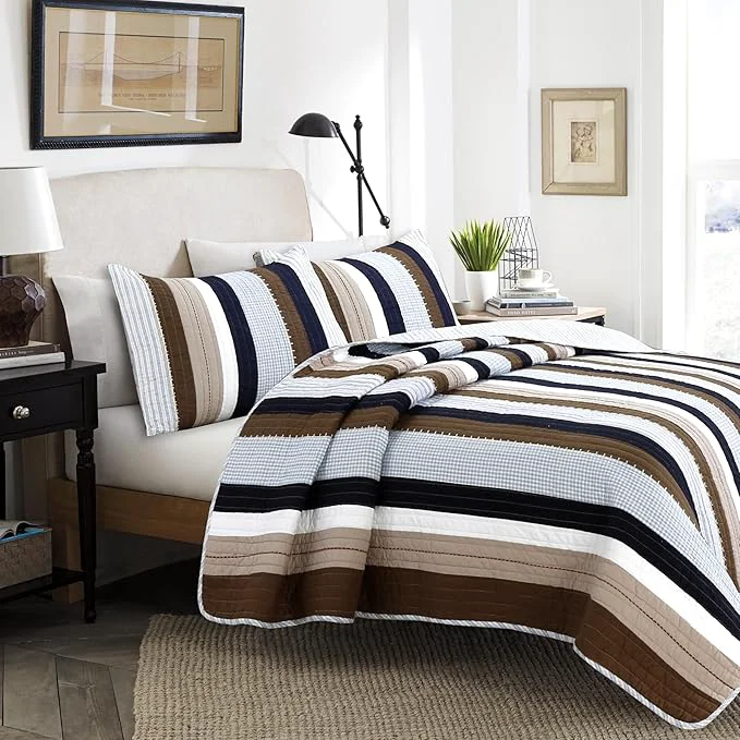 Excellent Cozy Line Home Fashions Sailor Navy Blue Star Striped Print Cotton Reversible Bedding Quilt Set Nathan Stripe Twin Genuine