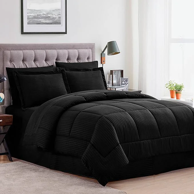Durable Queen Comforter Set 8 Piece Bed in a Bag with Bed Skirt Fitted Sheet Flat Sheet 2 Pillowcases 2 Pillow Shams Queen Dobby Black Certified