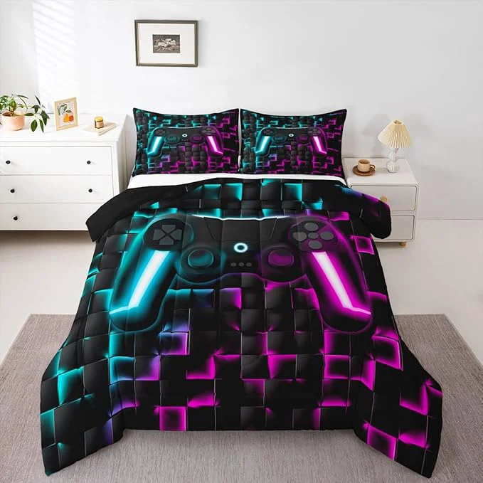 Authentic Erosebridal Boys Gamer Comforter Set Gaming Queen Size Bedding Sets for Kids Boys Teen Men Neon Lights Ombre Checkered Video Games Bed Comforter Set 3D Geometric Game Console Quilt Blue Purple Elegant
