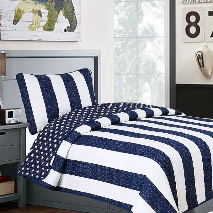 Flexible Cozy Line Home Fashions Sailor Popeye 39 s Bedding Quilt Set Nautical Navy Blue White Star Striped Cotton Reversible Coverlet Bedspread for Kids Boy Sailor Star Twin – 2 Piece Responsible