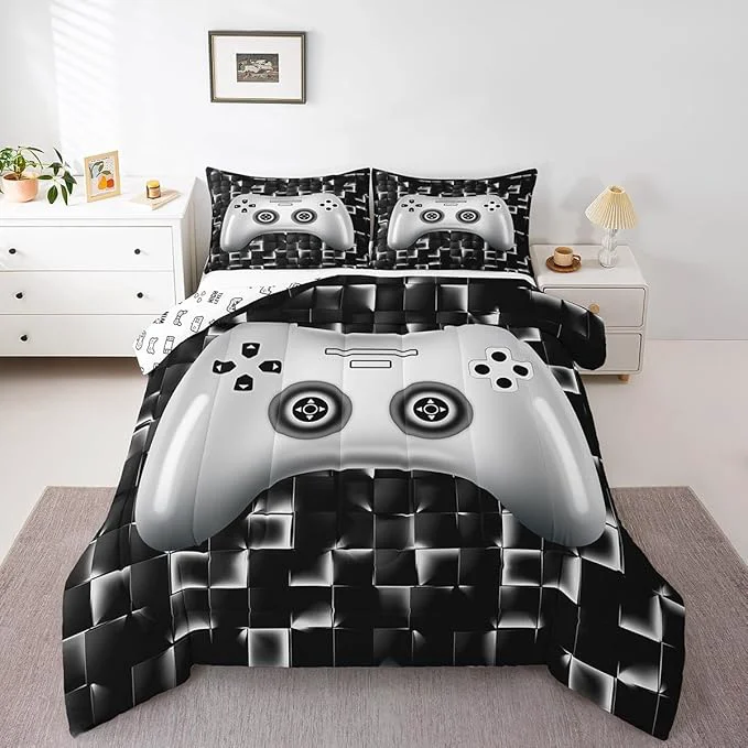 Clean Erosebridal Kids Gaming Bedding Sets for Boys Queen Black White Gamer Comforter Set Geometric Checkered Game Console Bedding Set for Teen Youth Men 3D Video Game Gamepad Quilt Duvet 3 Piece Solid