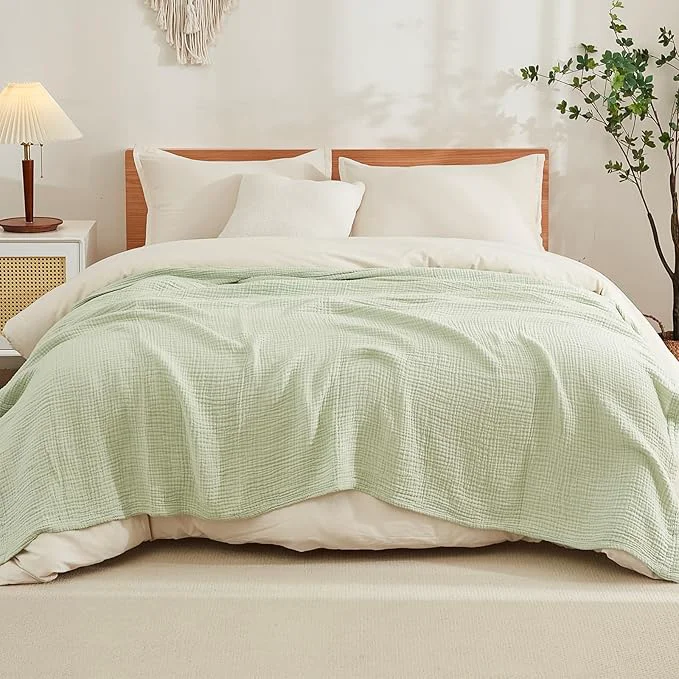 Superior EMME Cotton Muslin King Blanket Bed Layering Breathable Gauze Blanket Soft Lightweight Blankets Adults Mint Green 108 quot x90 quot Elite