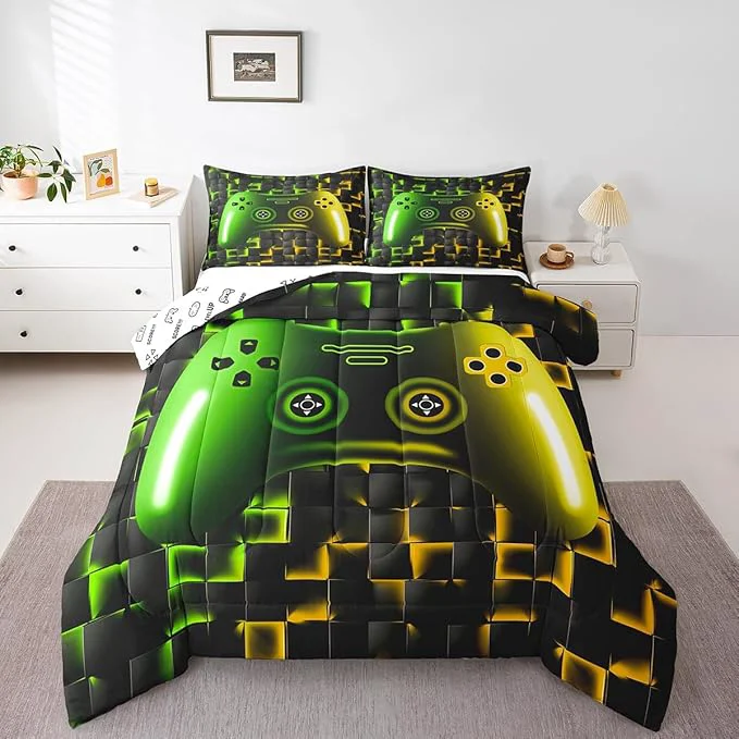 Relaxed Erosebridal Gamer Comforter Sets for Boys Full Size Bedding Sets for Boys Girls Kids 3D Gaming Geometric Comforter Game Console Lightweight Microfiber Duvet Quilt Neon Yellow Black Green Glowing Verified