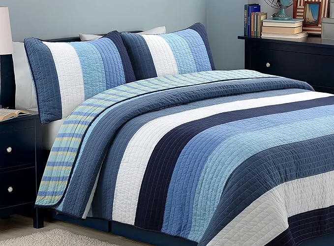 Original Design Cozy Line Home Fashions Navy Blue Striped Boy Cotton Reversible Quilt Bedding Set All-Season Coverlet Bedspread Preston Twin – 2 Piece Stylish