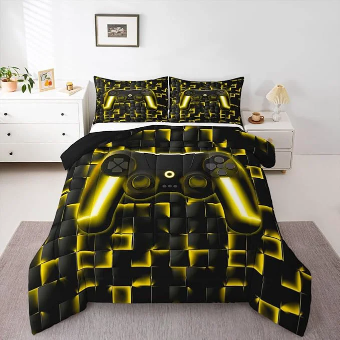 Breathable Erosebridal Geometric Gamepad Bed Comforter Set Gaming Bedding Sets Gamer Comforter Sets Queen Size for Kids Boys Teen Black Gold Neon Lights Game Console Quilt Duvet 1 Comforter with 2 Pillow Cases Casual