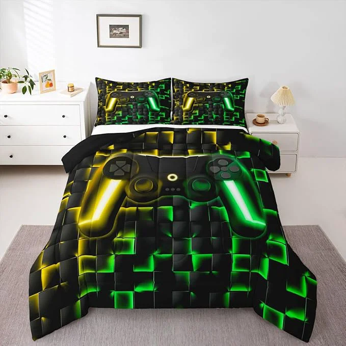 Convenient Erosebridal Gaming Queen Bedding Sets for Kids Boys Gamer Comforter Set 3D Neon Lights Ombre Geometric Checkered Gamepad Quilt Comforter Lightweight Gamer Bed Duvet Set for All Season Green Gold Secure