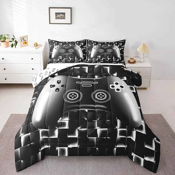 World-Class Erosebridal Gaming Comforter for Boys Teens Game Bedding Set for Kids Gamer Comforter Set for All Season Gamepad Room Decor Duvet Quilt King Size 1 Comforter with 2 Pillowcases Neon Black White Grey Consistent