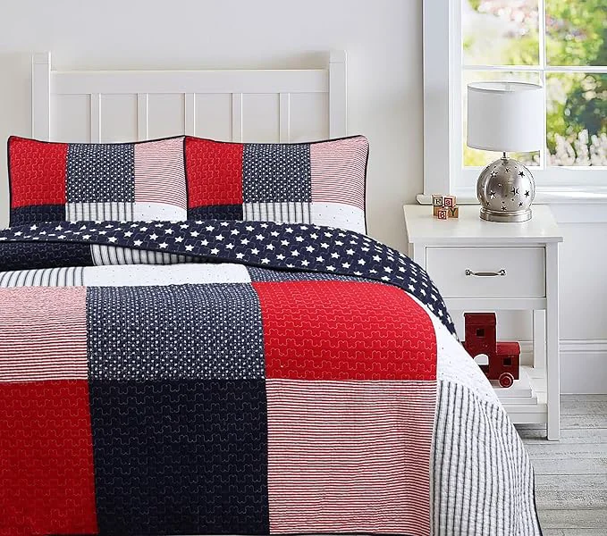 Professional Cozy Line Home Fashions Cotton Sailor Navy Blue Star Striped Print Cotton Reversible Bedding Quilt Set Patriotic Patchwork Queen Modern