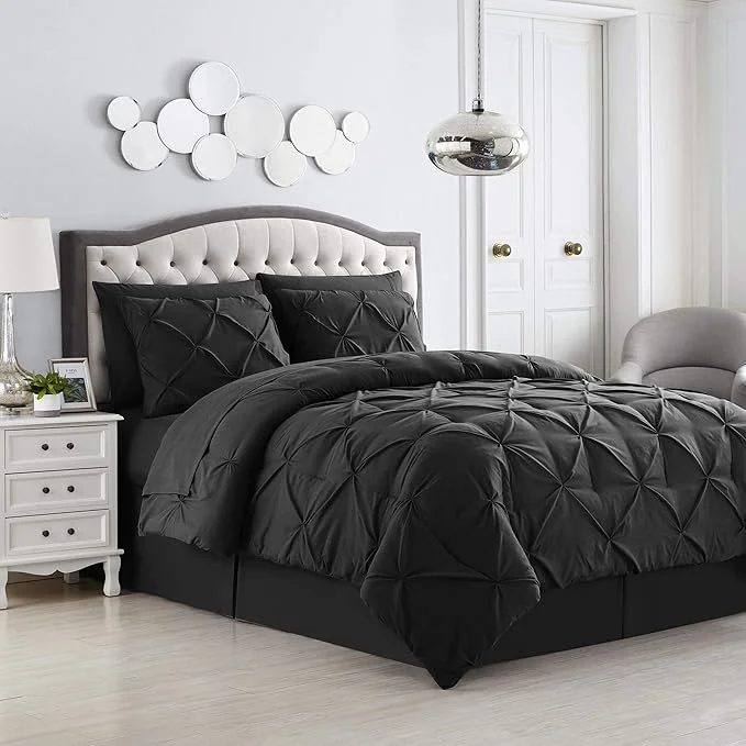 High-End Queen Comforter Set 8 Piece Bed in a Bag with Bed Skirt Fitted Sheet Flat Sheet 2 Pillowcases 2 Pillow Shams Queen Pintuck Black Flexible