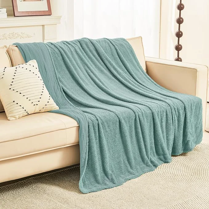 Breathable EMME Muslin and Fleece Throw Blanket Reversible – 50 quot 60 quot Teal Soft Warm Throw Blankets for Couch Bed Picnic Travel Bed Convenient