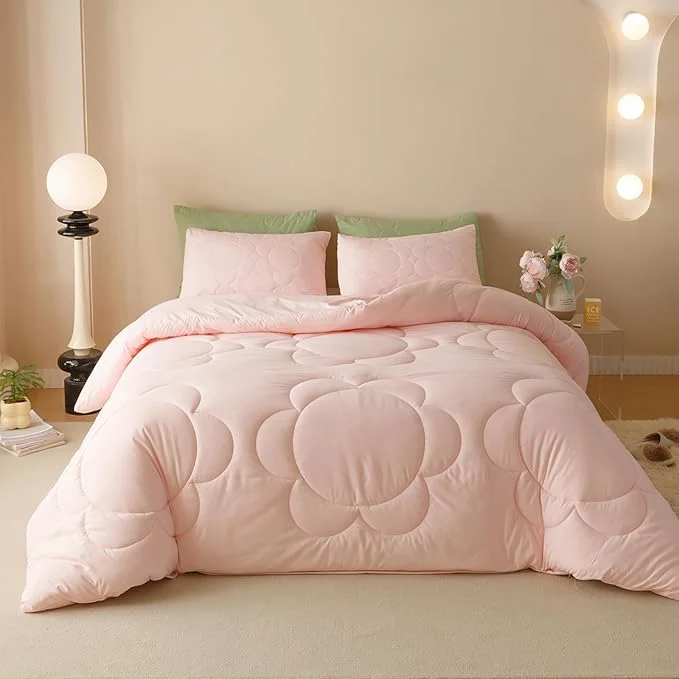 Premium Luxlovery Pink Floral Comforter Set King Boho Light Pink Sunflower Quilts Blush Pink Bedding Comforter Set Rustic Plain Color Soft Breathable Cozy Comforter Women Girls Certified