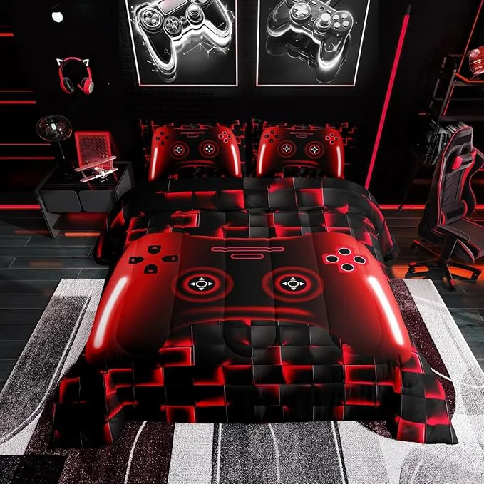 Pure Erosebridal Full Gaming Bedding Sets for Boys Red Game Console Kids 3D Black Gamer Comforter Set with 2 Pillowcases for Boys Girls Teen Lightweight Geometric Gamepad Bedroom Set Red Full User-Friendly