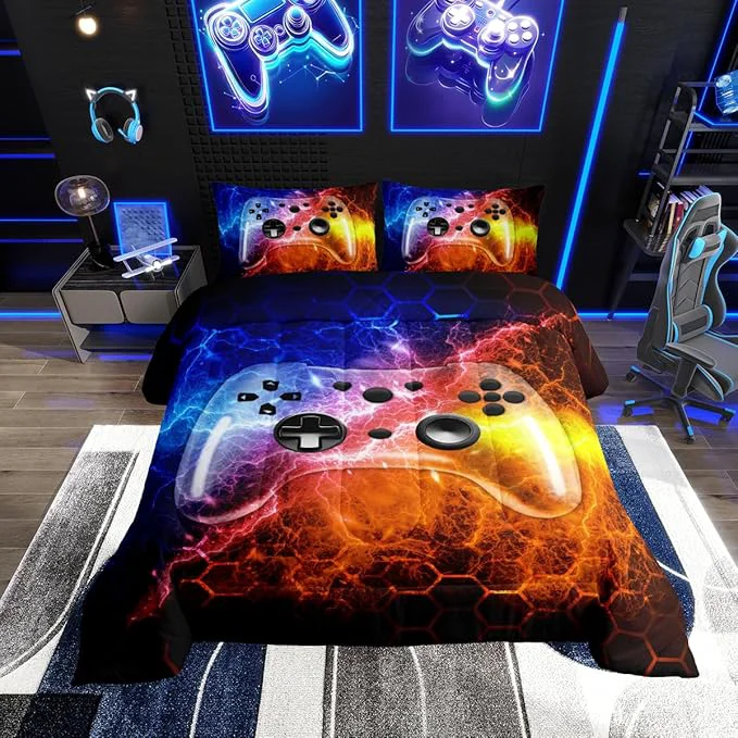 Erosebridal Gaming Bedding Set for Kids Boys Gamer Comforter Set Twin Size Green Blue Lighting Gamepad Bedding for Teens Honeycomb Game Room Decor Soft Neon Console Quilt Duvet 2Pcs Safe