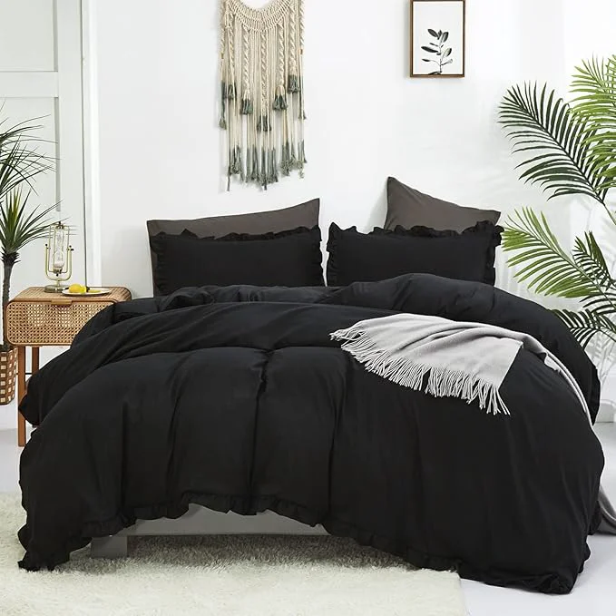 Flexible Luxlovery Black Ruffle Comforter Set King Pure Farmhouse Bedding Shabby Boho Taupe Blanket Quilts Vintage Chic All Dark Color for Bed Women Men Black Casual