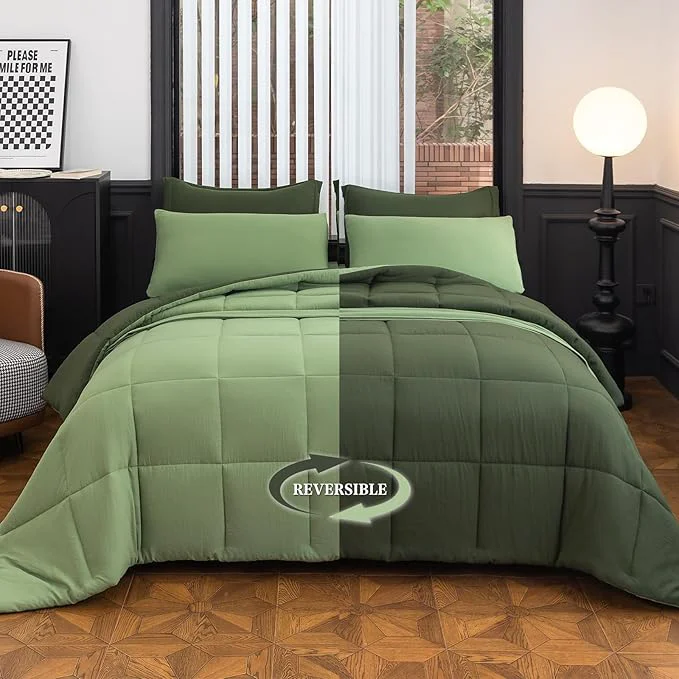 Contemporary King Size Comforter Set – 8 Piece Dark Green All-Season Bedding with Breathable Reversible Down Lightweight Comforter Bed Skirt Flat Sheets Pillowcases amp Pillow Shams Excellent