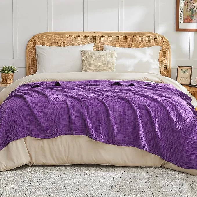 EMME Cotton Muslin King Blanket Big Oversized Bed Layering Bedspread Coverlet Breathable Gauze Soft Lightweight Blankets Purple 120 quot x94 quot Official