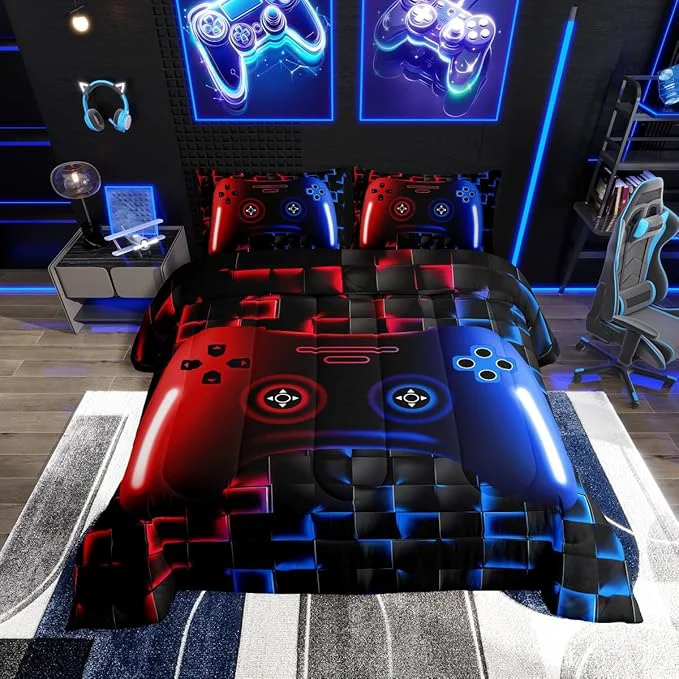 Sophisticated Erosebridal Gaming Bedding Sets for Boys Full Size Comforter Sets for Boys Girls Kids 3D Gamer Geometric Comforter Game Console Lightweight Microfiber Duvet Quilt Neon Red Blue Black Glowing Casual