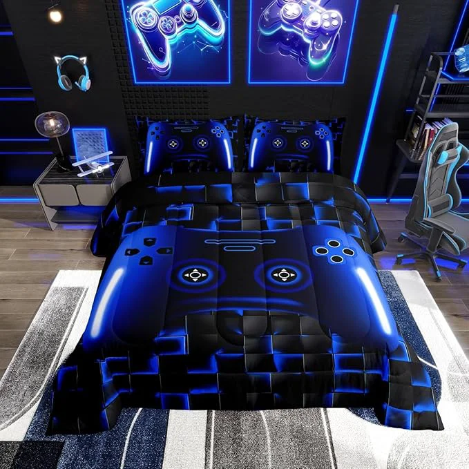 Authentic Gaming King Size Comforter Sets For Kids Boys Teen Girls Game Controller Bedding Set 3Pcs Gamer Comforter For All Season Blue And Black Geometric Checkered Quilt Set For Young Men Soft Lightweight Casual