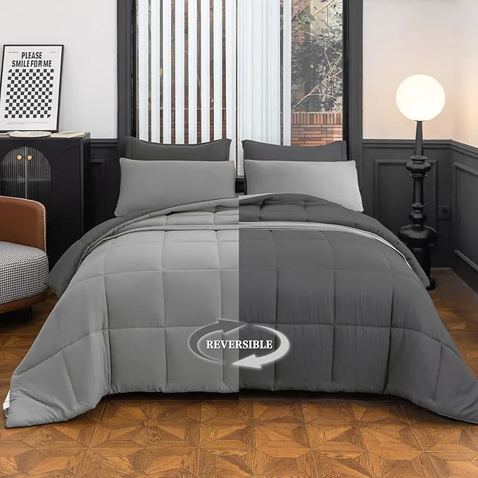 Outstanding Queen Size Comforter Set – 8-Piece Gray Luxury Bedding with Reversible Microfiber Lightweight Comforter Bed Skirt Flat Sheets Pillowcases amp Pillow Shams Relaxed