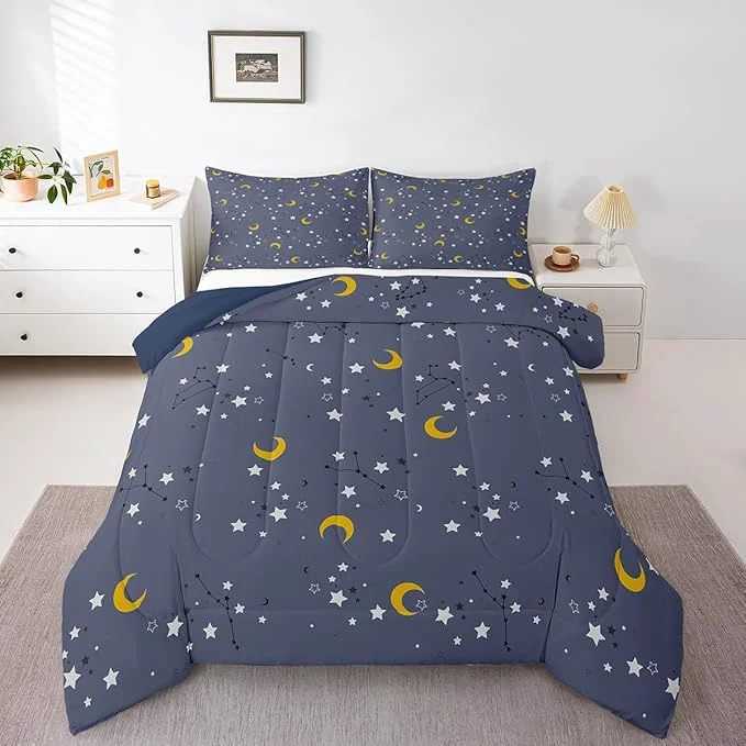 Functional Erosebridal Stars Constellation Kids Bedding Navy Blue Grey Galaxy Space Twin Comforter Set for Boys Girls Moon Zodiac Print Bedding Comforter Sets Cartoon Style Quilt 2Pcs 1 Comforter 1 Pillowcase Verified