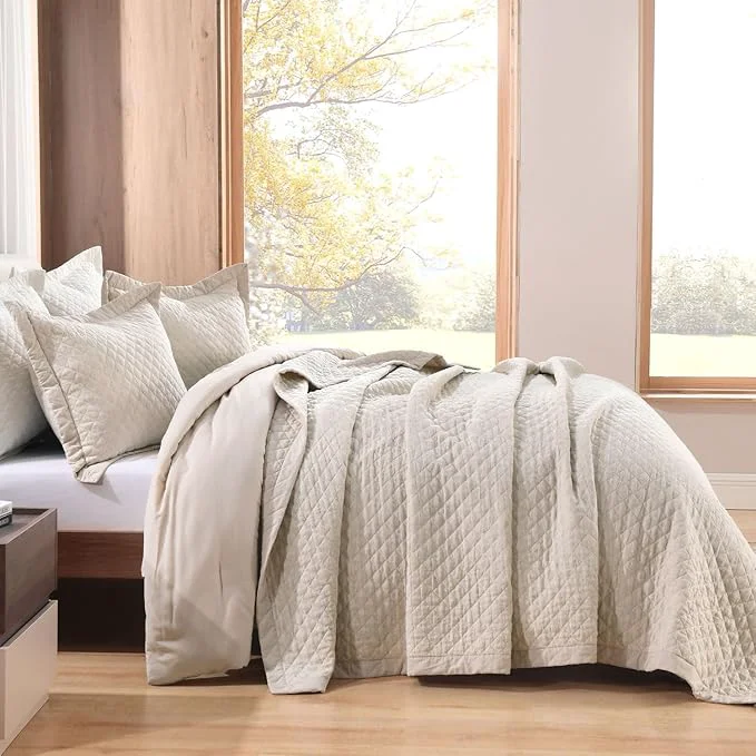 Grassix Linen Quilt Set King Size 3-Piece Linen Front amp Cotton Back Prewashed Diamond Stitch Bedspread with 2 Shams Lightweight Breathable Quilt for Hot Sleepers Modern Farmhouse Bedding Recyclable