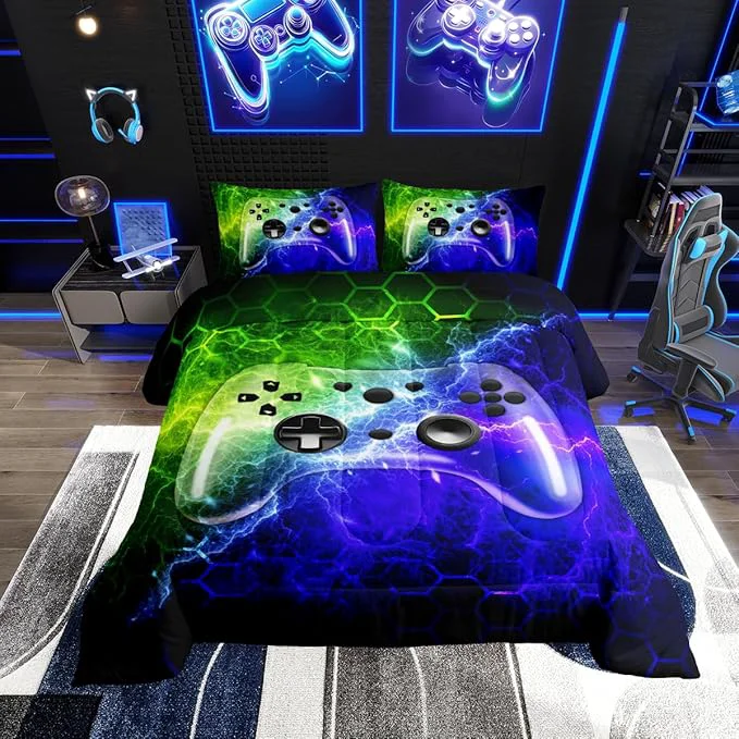 Top-Quality Erosebridal King Size Comforter Set for Kids Boys Gamer Bedding Honeycomb Gaming Comforter for Teen Kids Lighting Gamepad Quilt Geometric Soft Neon Video Game Room Decor with 2 Pillowcases Superior