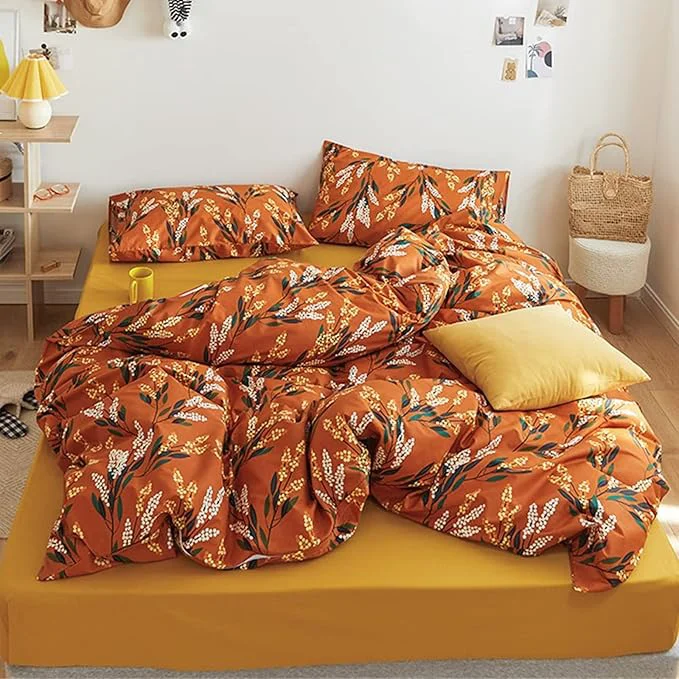 Enhanced Luxlovery Floral Comforter Set King Botanical Orange Bohemian Bedding Comforter Set Women Girls Vintage Style Blanket Quilts Breathable Modern Rustic Leaves Bedding Set Hotel Quality King Comforter Responsible