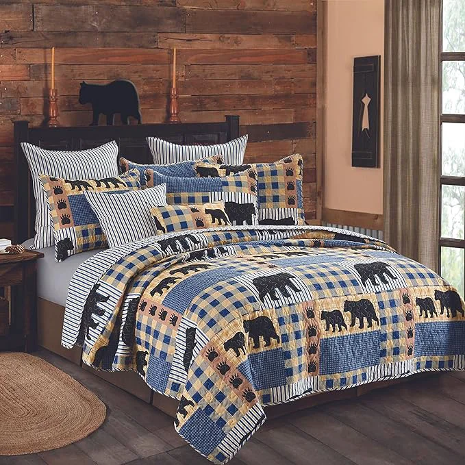 Classic Virah Bella 2 Piece Twin Lodge Quilt Bedding Set – Black Bear Plaid – Rustic Cabin Country Reversible Camping Comforter Set with Decorative Pillow Shams Blue Black Environmentally Friendly