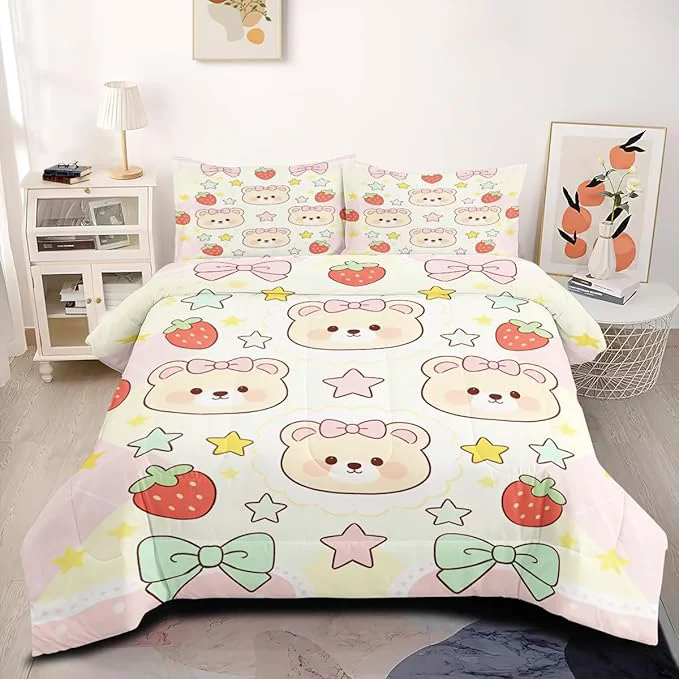 Sophisticated Girls Kids Cartoon Yellow Bears Comforter Set for All Seasons 2Pcs Twin Size Stars and Bows Comforter Set Soft Microfiber 1 Comforter 68 quot x 90 quot and 1 Pillowcase for Girls Room Decor Pure